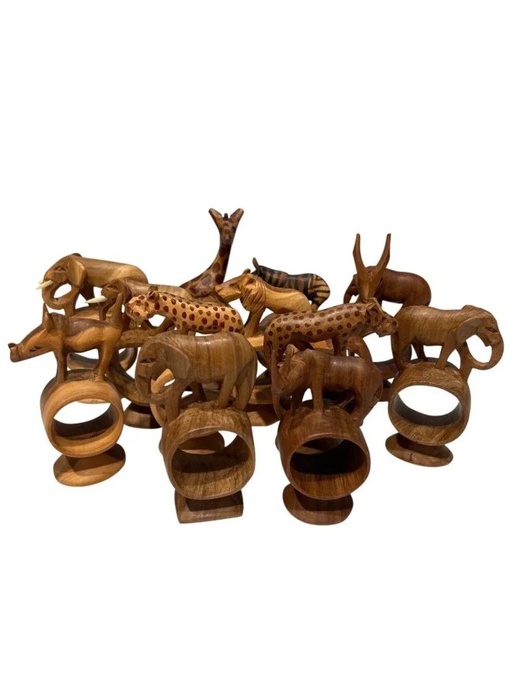 Hand-Carved Wooden Animal Napkin Rings Set Of 12 Unique Table Decor Rustic Desig